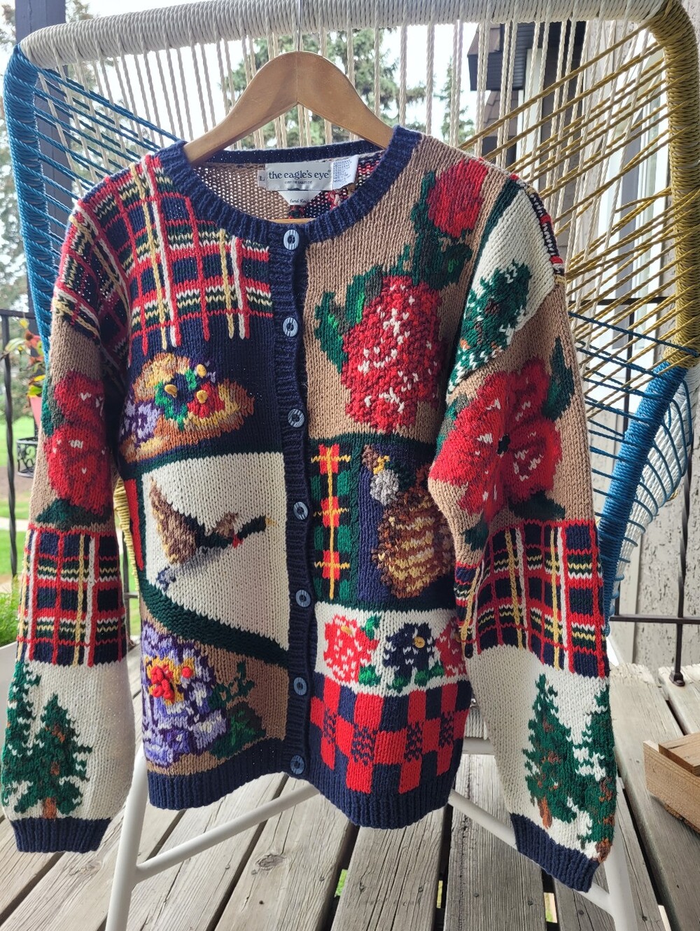 1991 Vintage Eagle's Eye Heavy Chunky Knit Cardigan Sweater, Women's Large